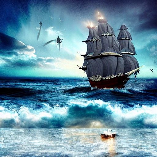 Pirate Ship in Storm with Virgin Mary