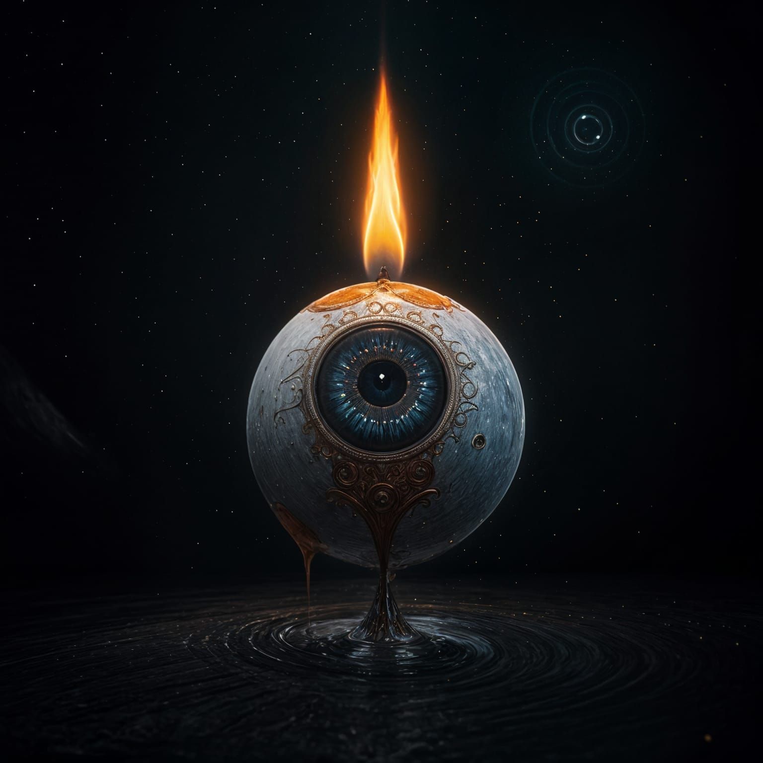 Surreal Eyeball Illuminated by a Melting Candle in Darkness