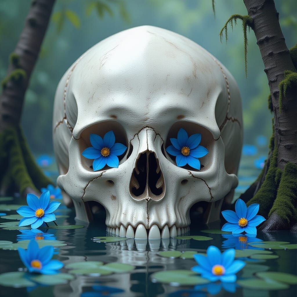 Giant Skull in Swamp with Blue Flowers