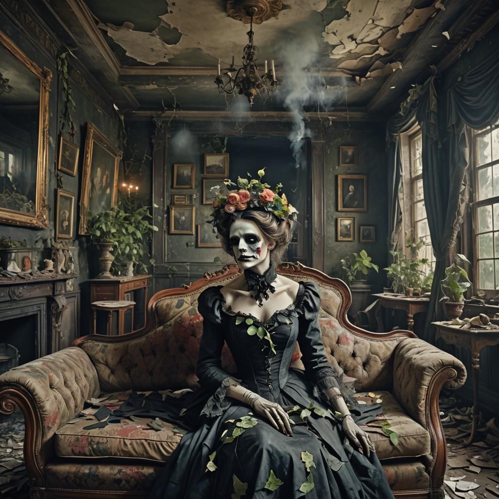 Spooky Victorian Mansion Interior with Macabre Figure