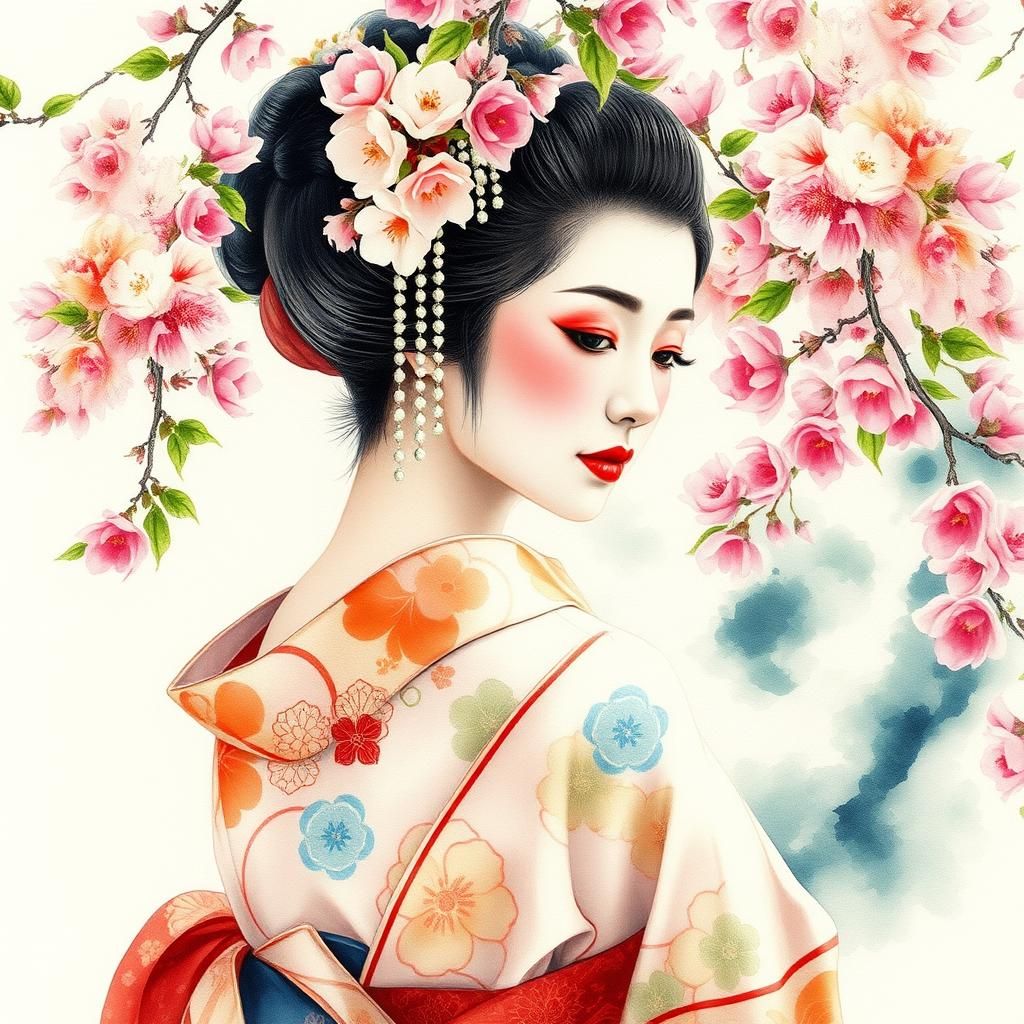 Ethereal Geisha in Watercolor with Cherry Blossoms