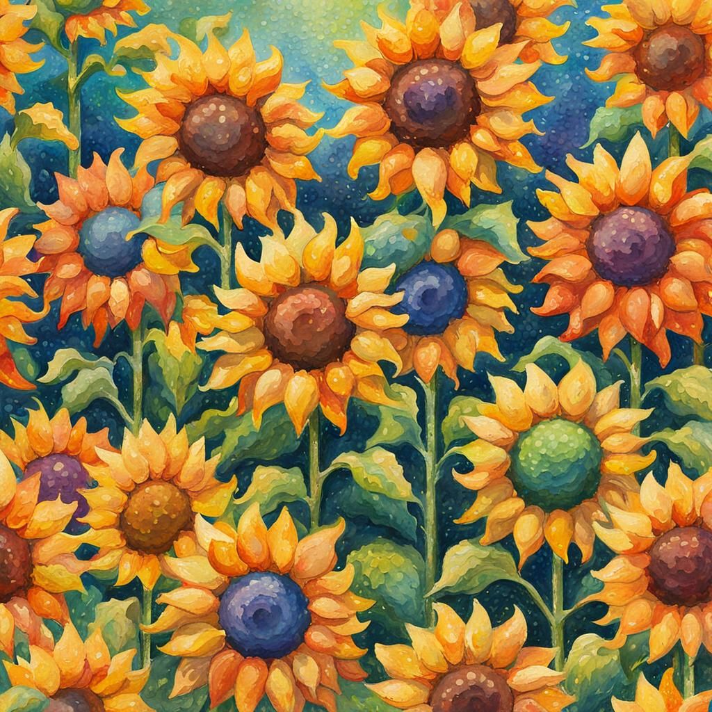 Pointillist Sunflowers and Rainbows in Gouache Style