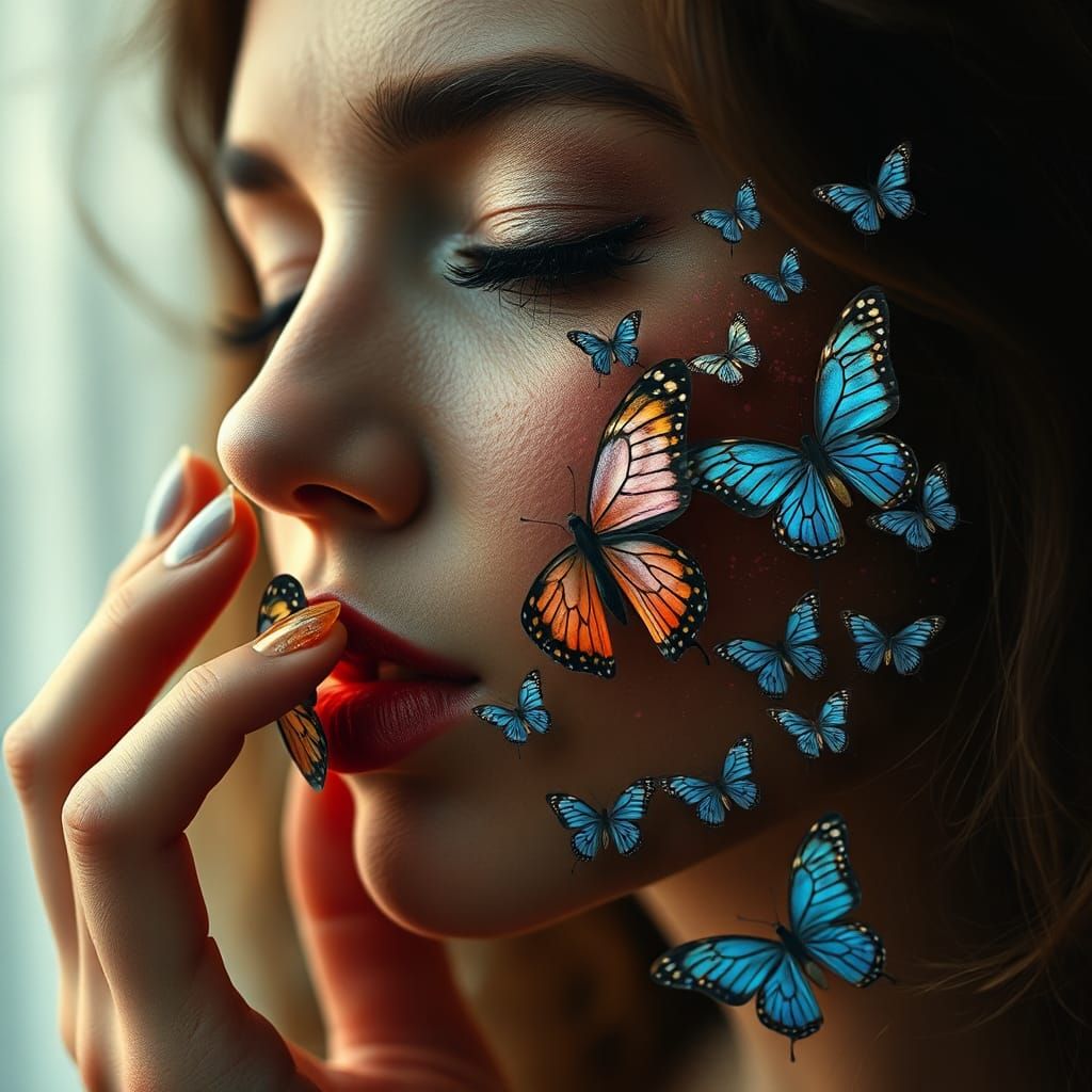 Woman Kissing Butterfly Memories: Close-Up Portrait