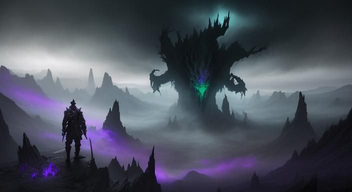 Eerie Dark Fantasy Landscape with Monsters in Mist