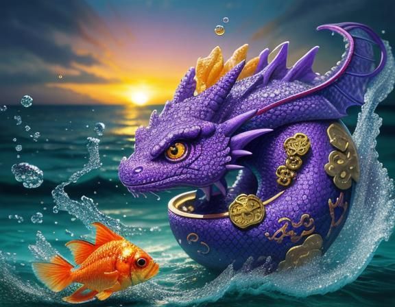 Cute Purple Dragon with Gold in Hyperrealism