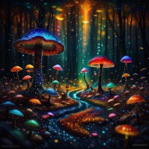Duck in Bioluminescent Mushroom Forest Oil Painting