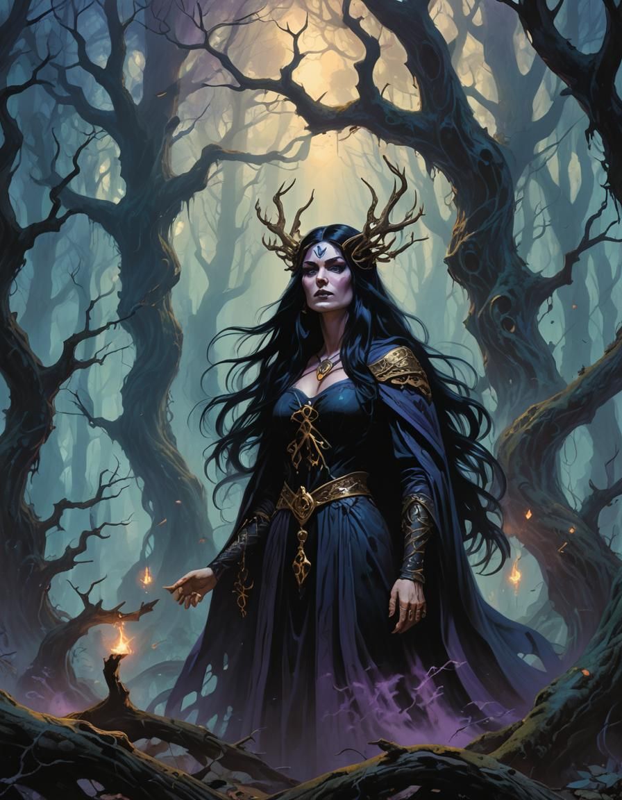 Evil Witch in Mystical Forest: Dark Fantasy Illustration
