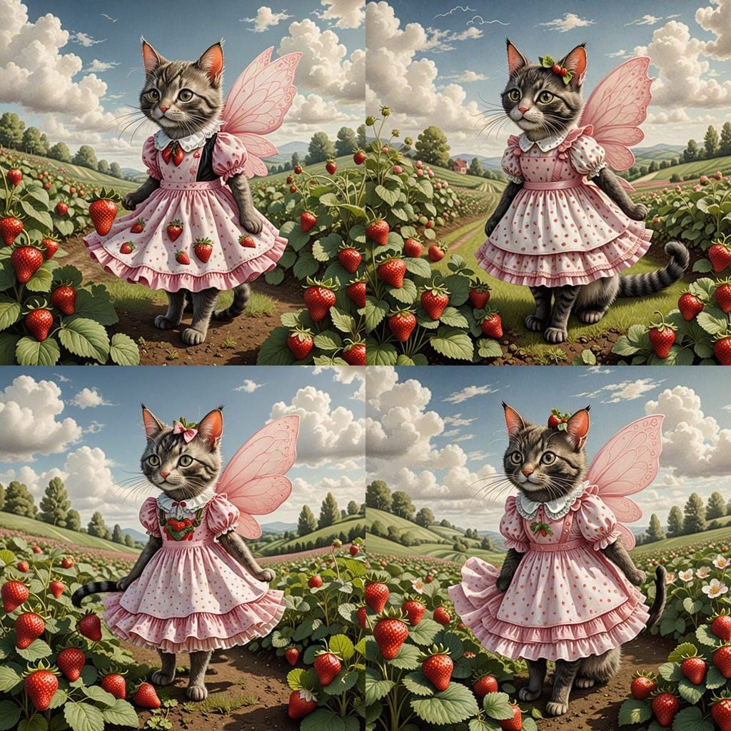 Cat Fairy in Strawberry Field, Whimsical Art