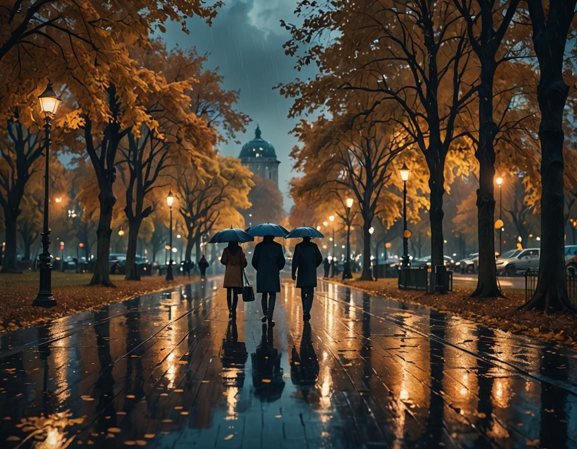 Rainy Evening in City Park: Matte Painting