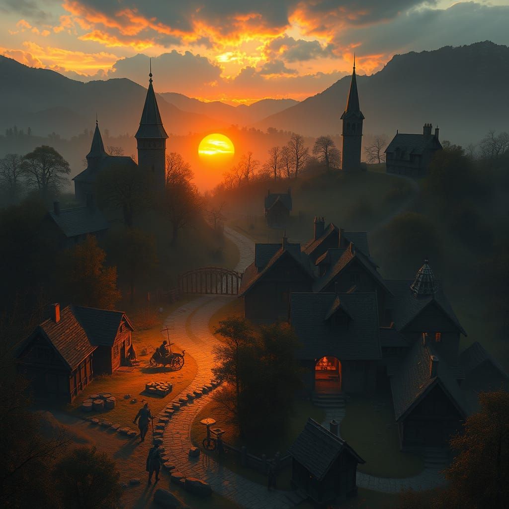 Medieval Village Battlemap at Sunset, Digital Art