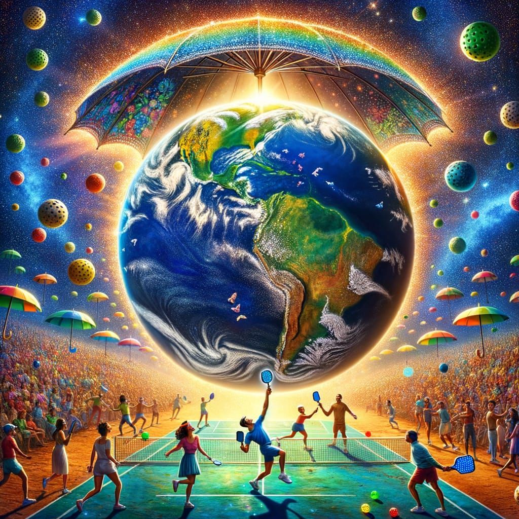 Mother Earth Plays Pickleball Under a Giant Umbrella