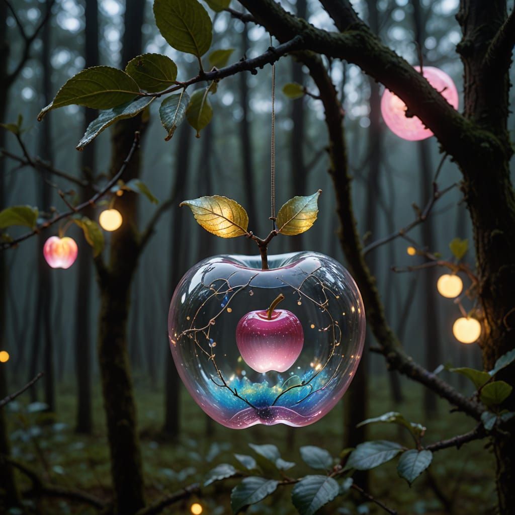 Glass Apple Emitting Fairy Dust in Misty Forest