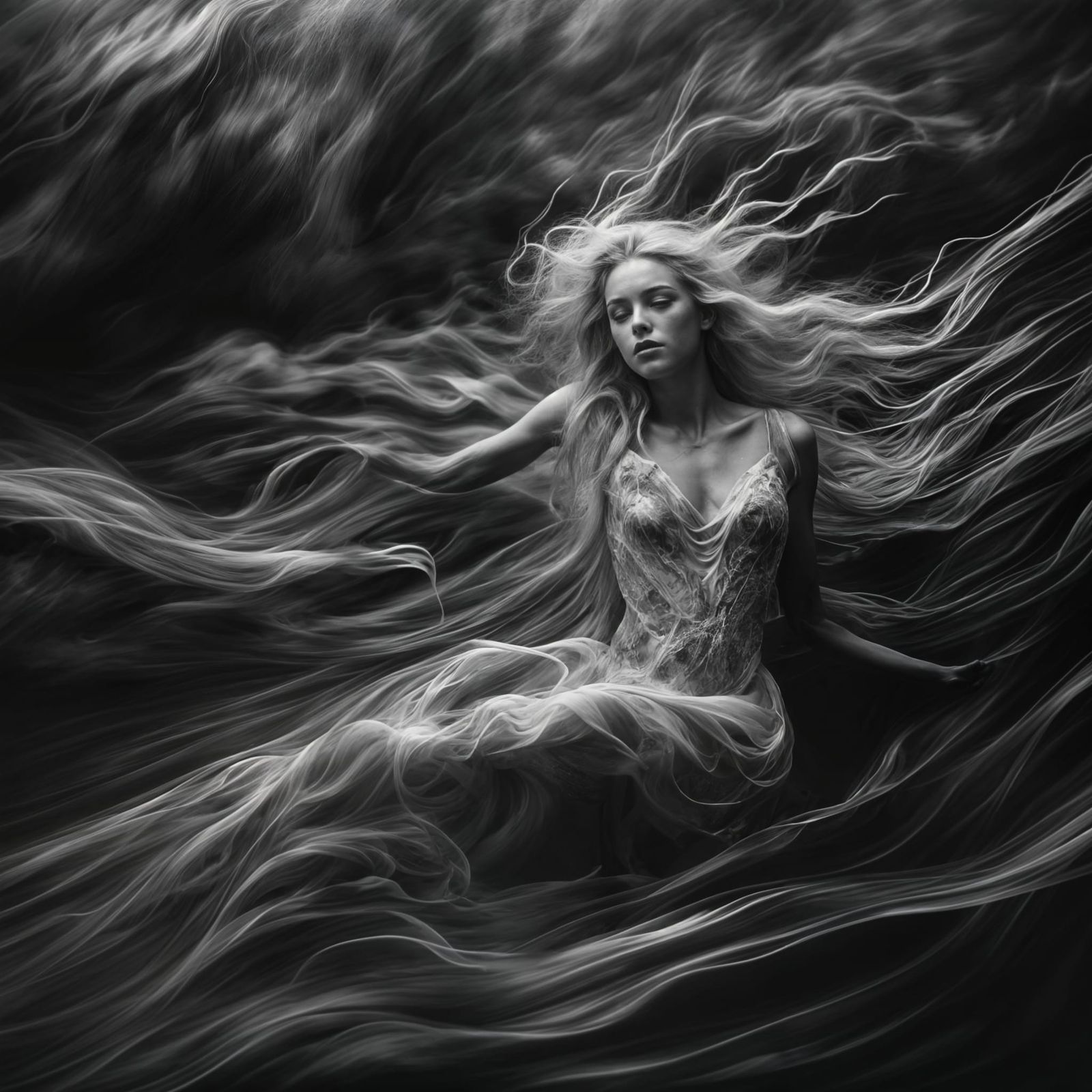 Monochrome Marble Woman in Dreamlike Seascape