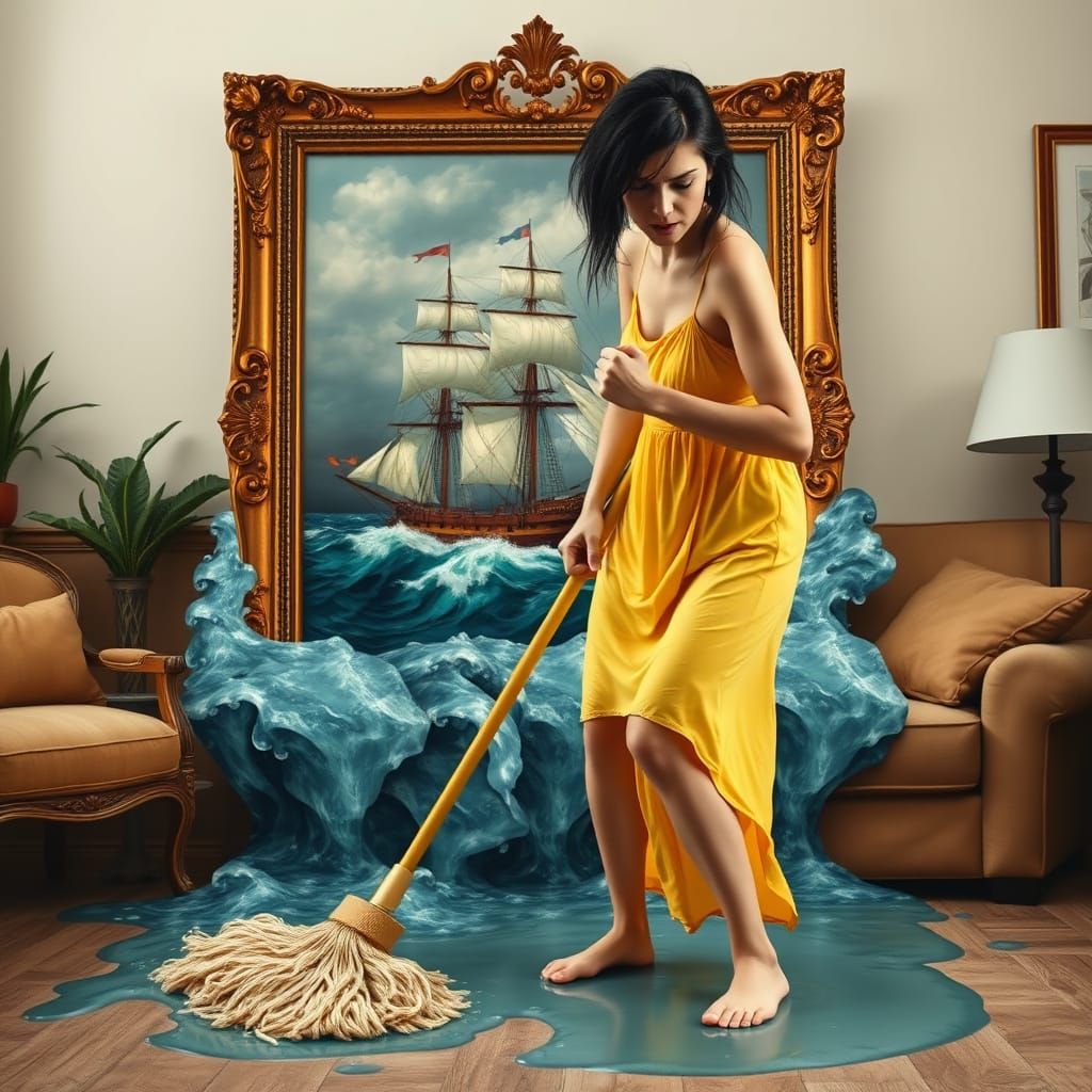 Frustrated Woman Battles Seawater in Cozy Living Room