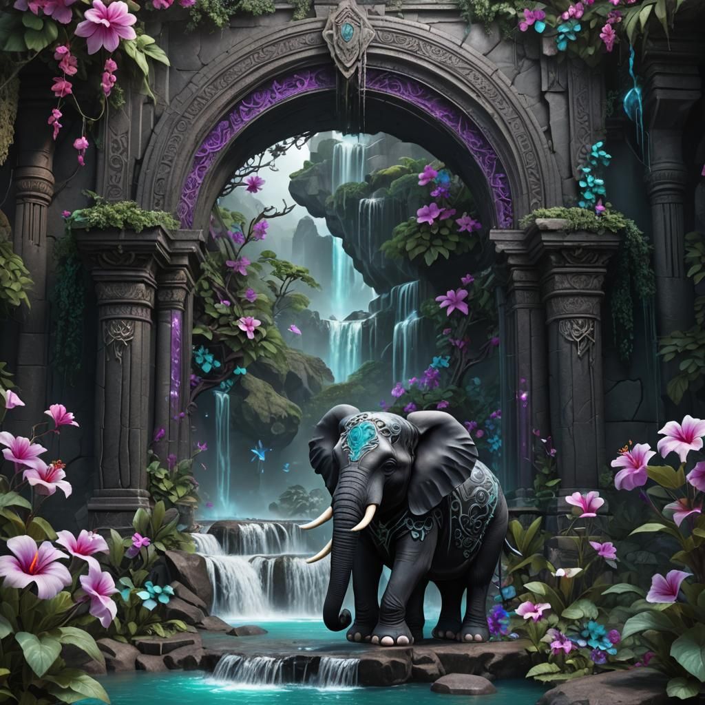 Filigree Portal with Hibiscus Flowers and Elephant