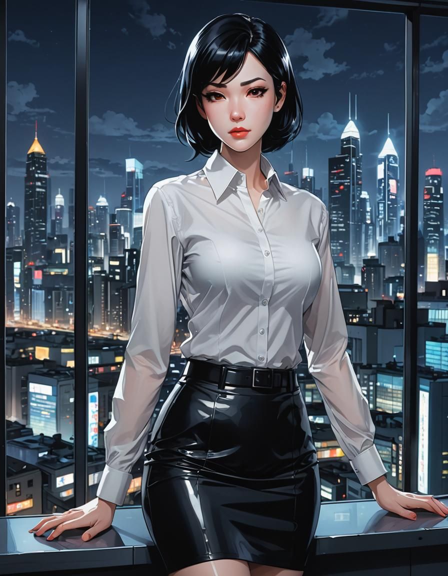 Cyberpunk Businesswoman Against Neon Cityscape