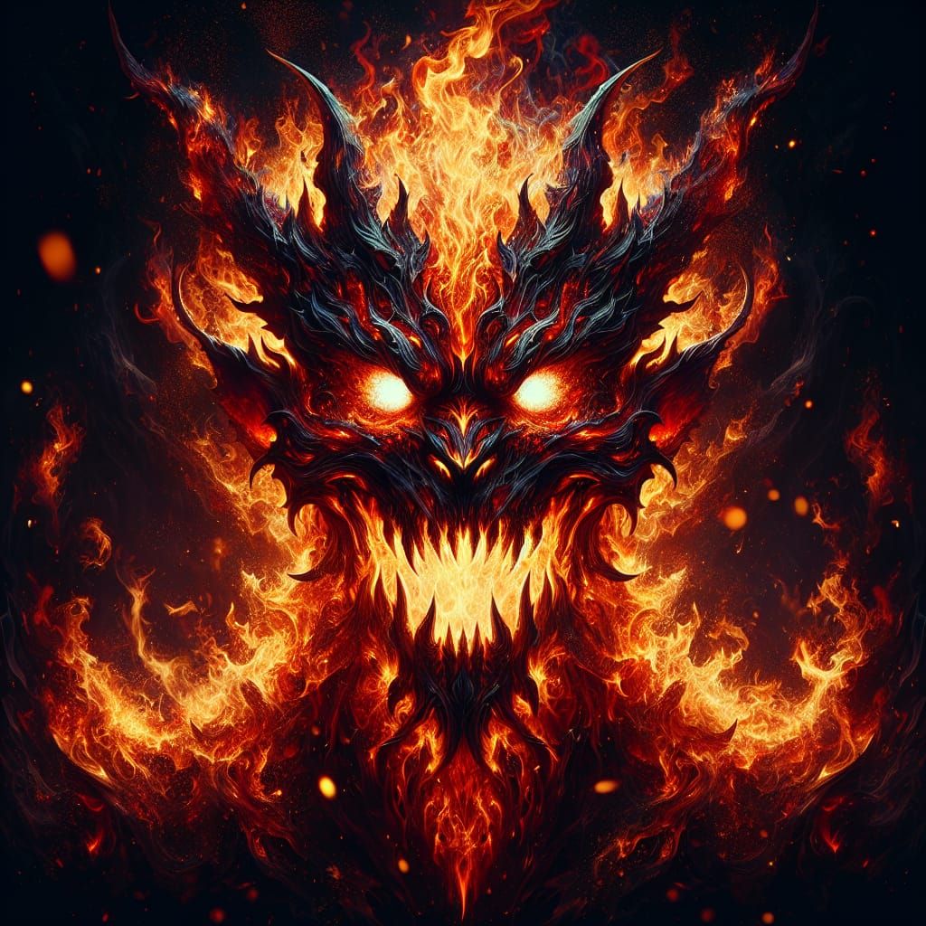 Menacing Fire Demon Portrait in a Dark Cavern
