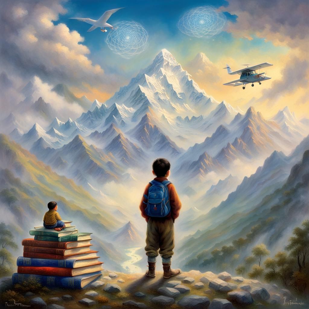 Tibetan Boy and Flying Books: Ethereal Fantasy