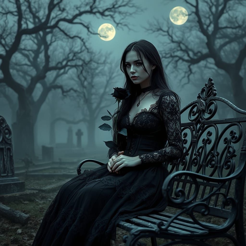 Gothic Woman in Twilight Graveyard