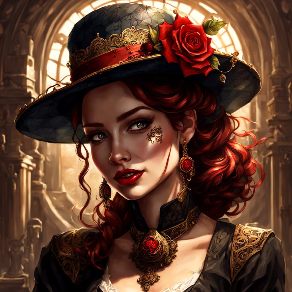 Crimson Lipstick Pin-Up Art in Steampunk Style