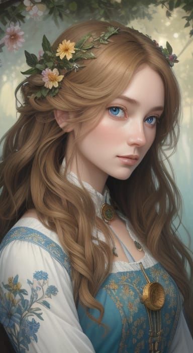 Beautiful Girl With Flowers, Acorns, and Oak Leaves Portrait