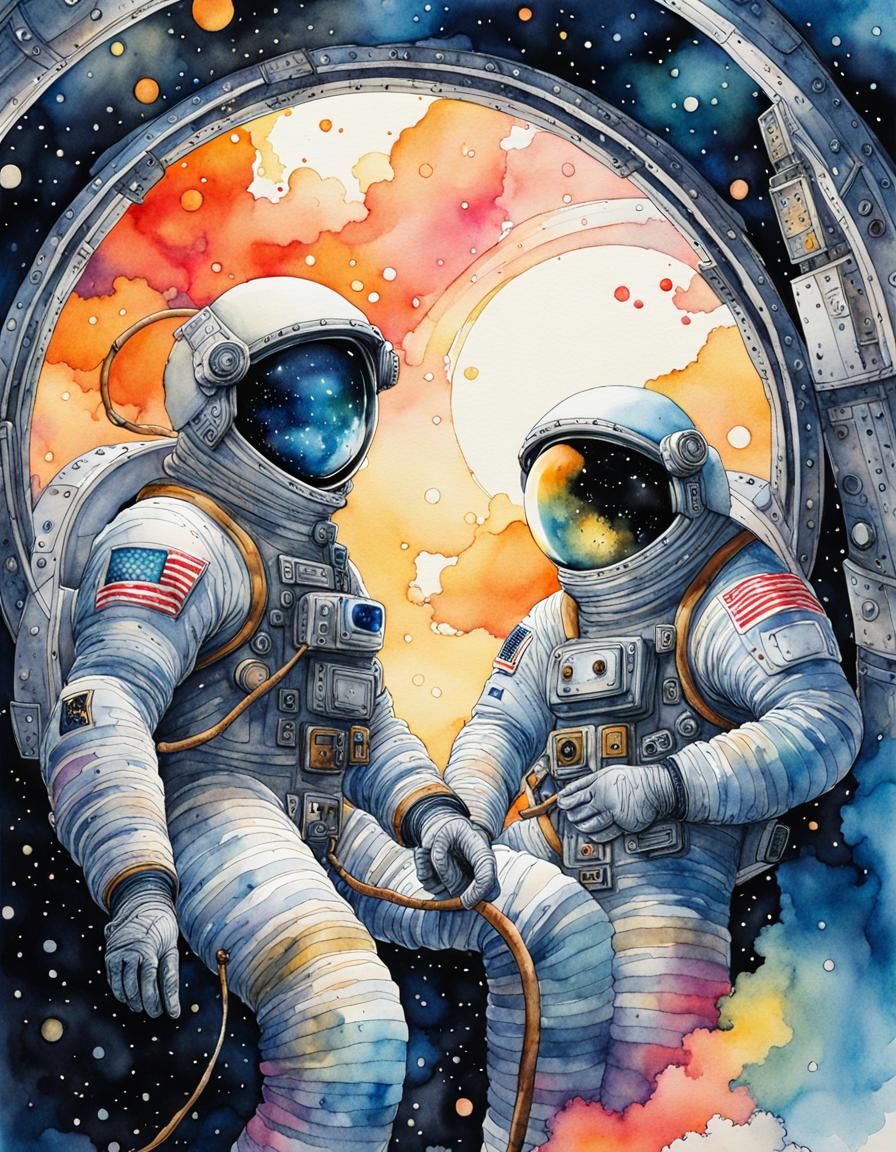 Astronauts in Spaceship: Surreal Watercolor Ink Art