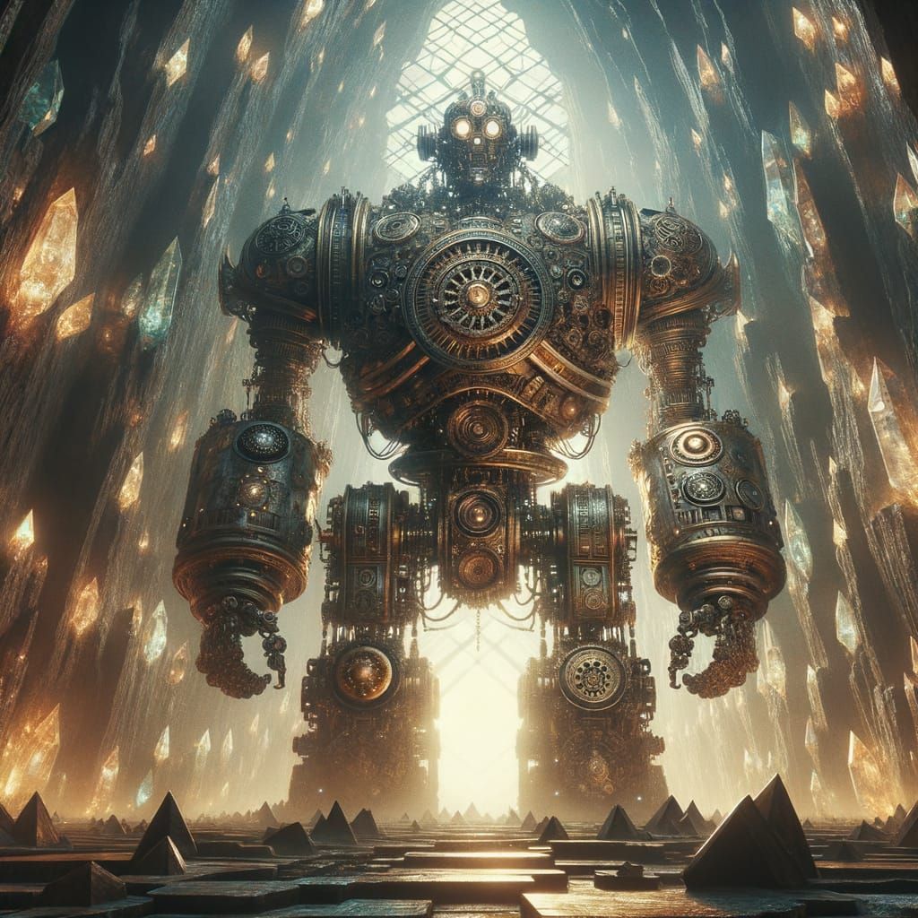 Colossal Steampunk Automaton in Crystal Cavern