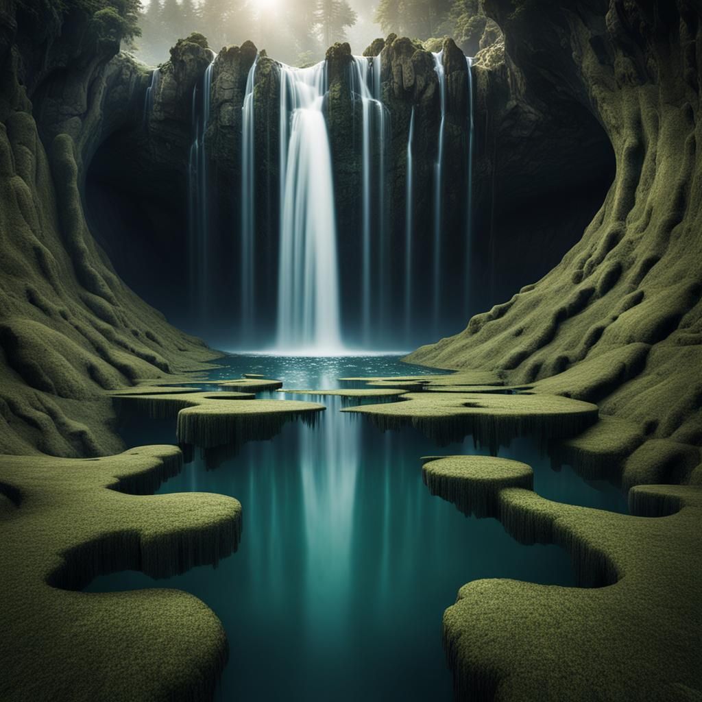 Reverse Waterfalls Optical Illusion on Floating Island