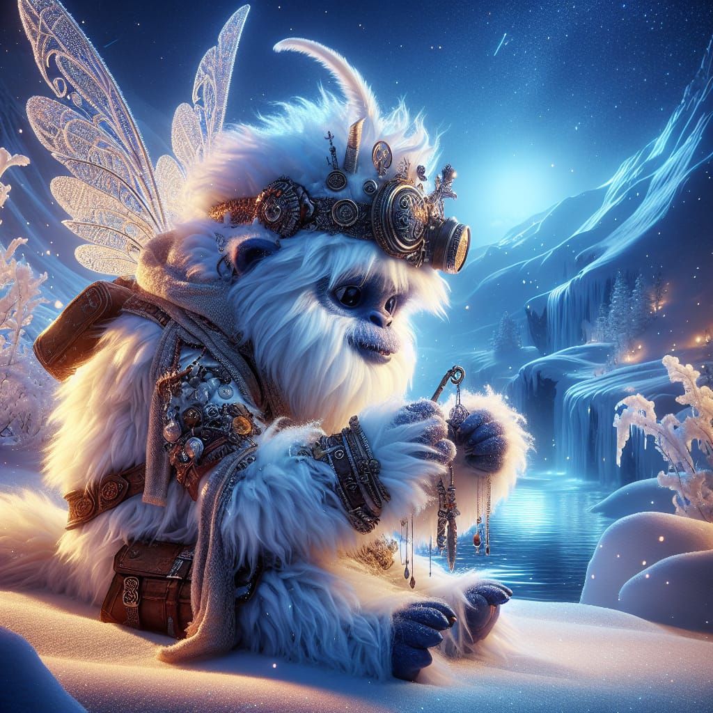 Adorable Steampunk Yeti in Snowy Landscape