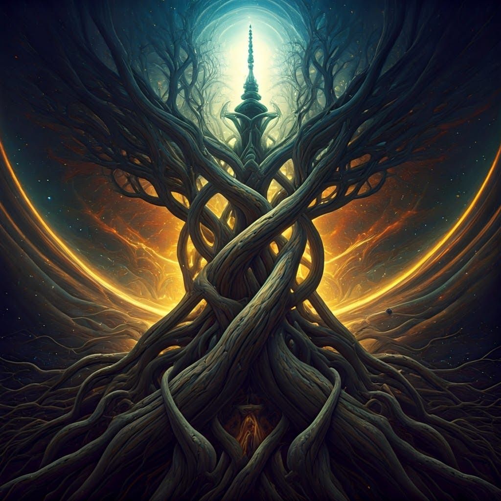 Hyperdetailed Metaphysical Painting intertwined roots cosmic skies infinite dimensions surreal