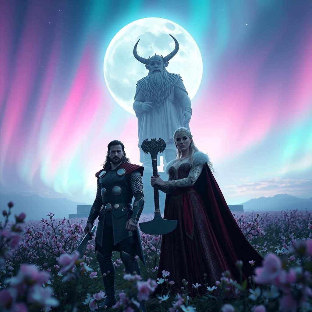 Thor and Daenerys in Cherry Blossom Field, Digital Art