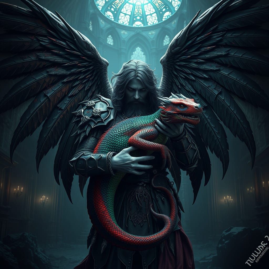 Gothic Fallen Angel with Majestic Bearded Dragon