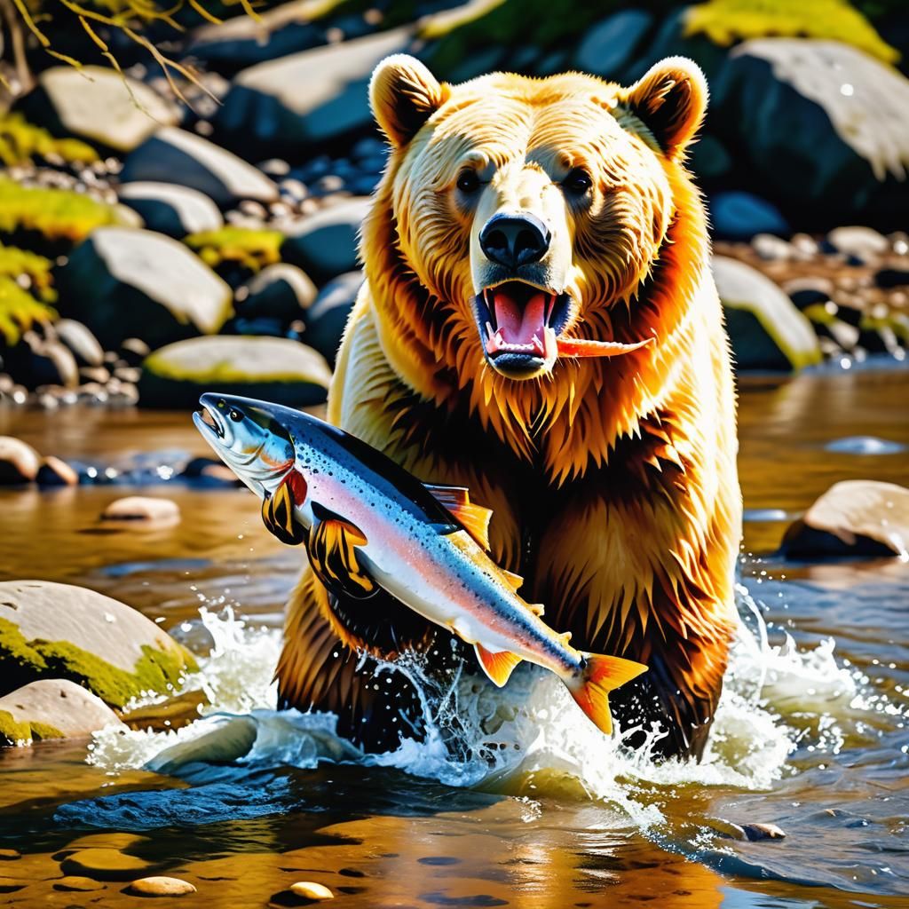 Golden Bear Fishing in River on Spring Day