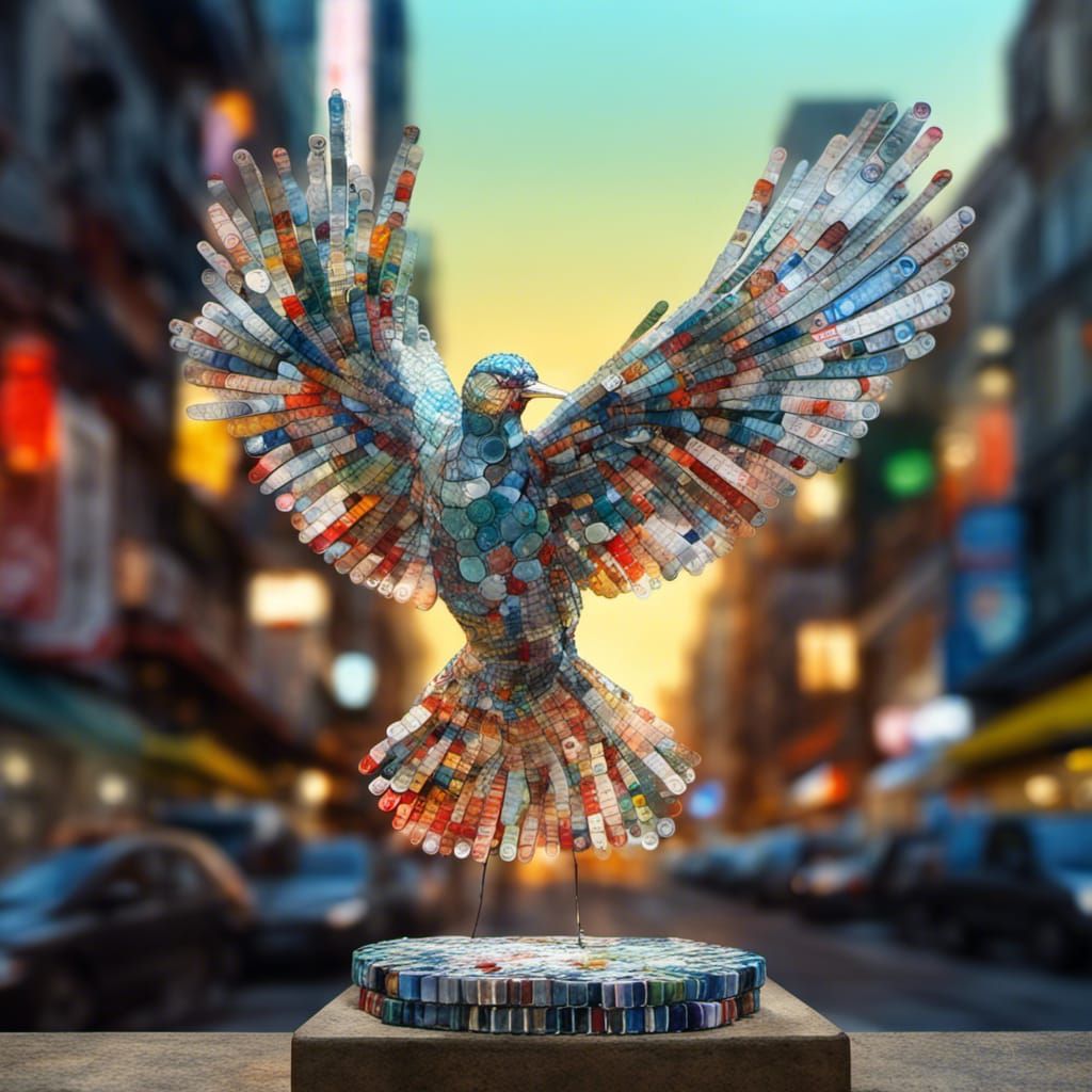 Soda Cap Bird Sculpture in Manga Watercolor Style