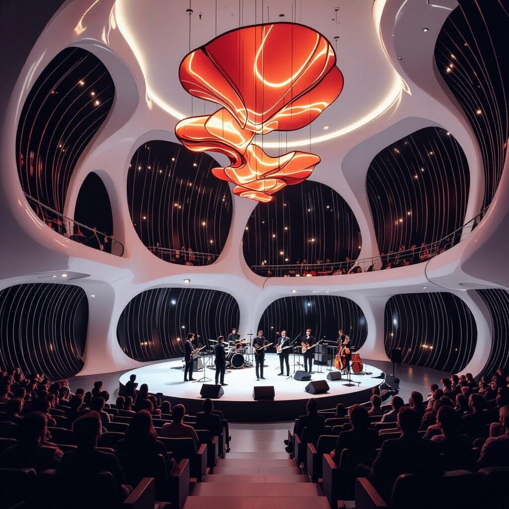 Futuristic Auditorium with Organic Suspended Galleries