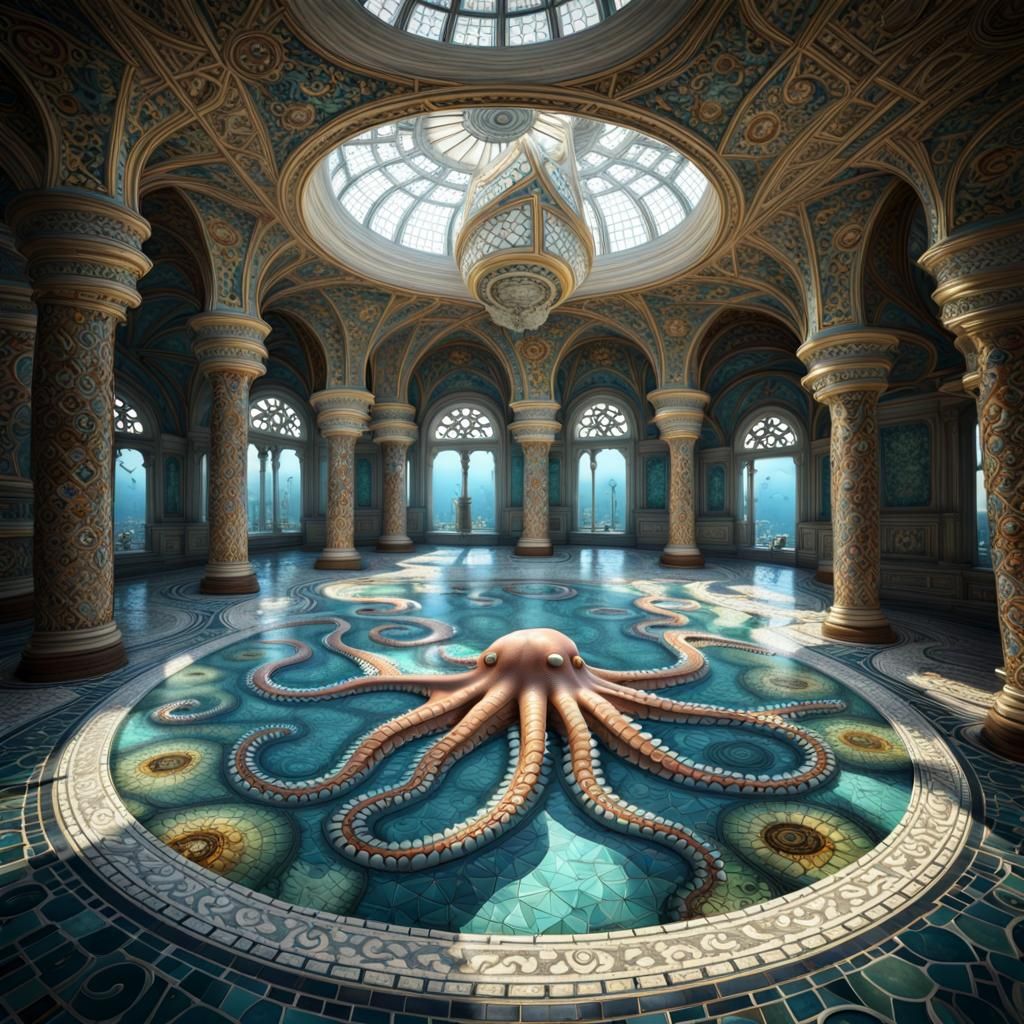Intricate Mosaic floor in fantasy palace on the bottom of the ocean