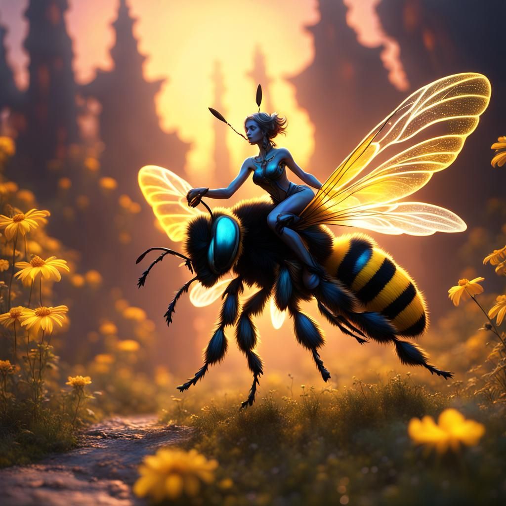 Fairy Riding Bumblebee in Detailed Matte Painting