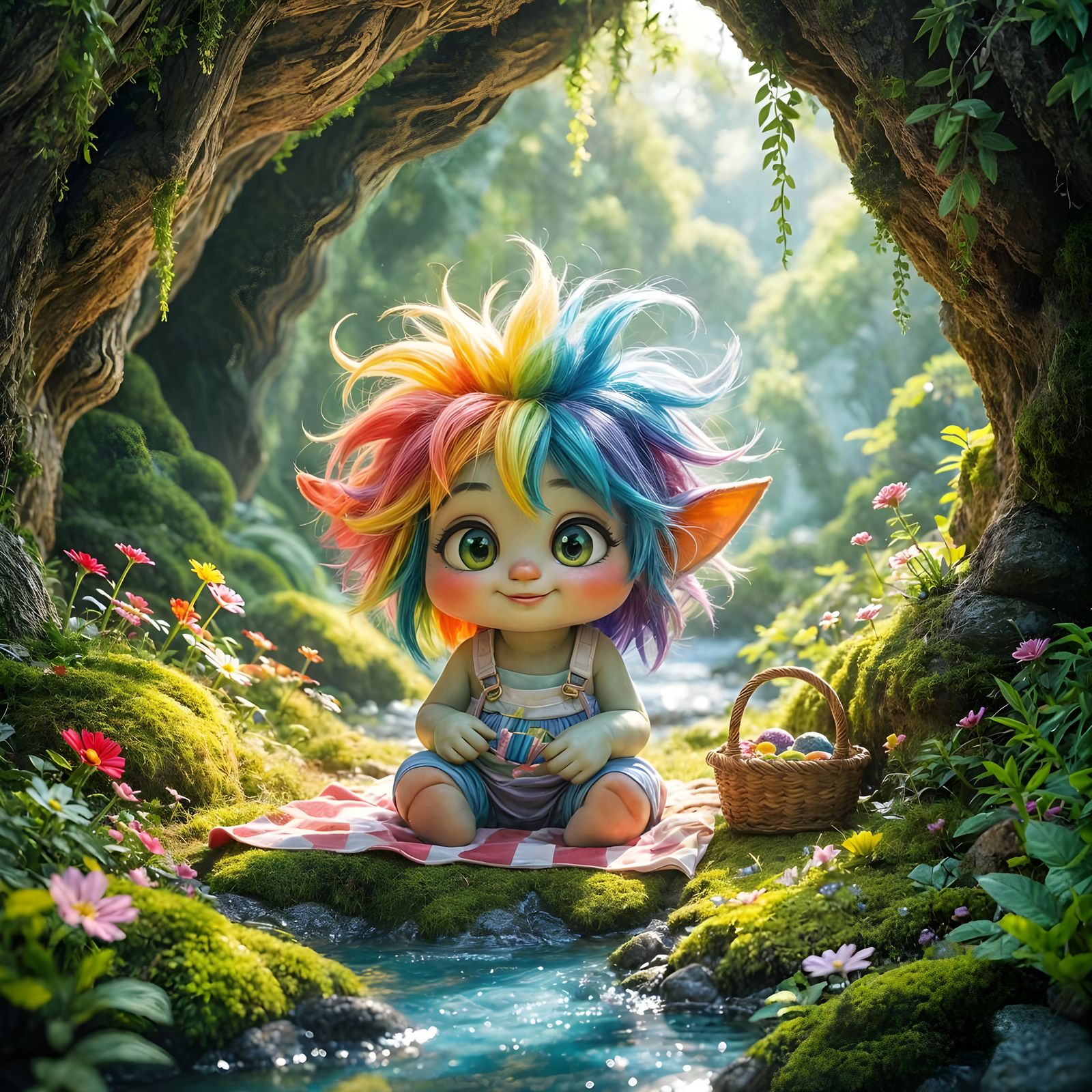 Cute Baby Troll Picnic in a Fairytale Cave