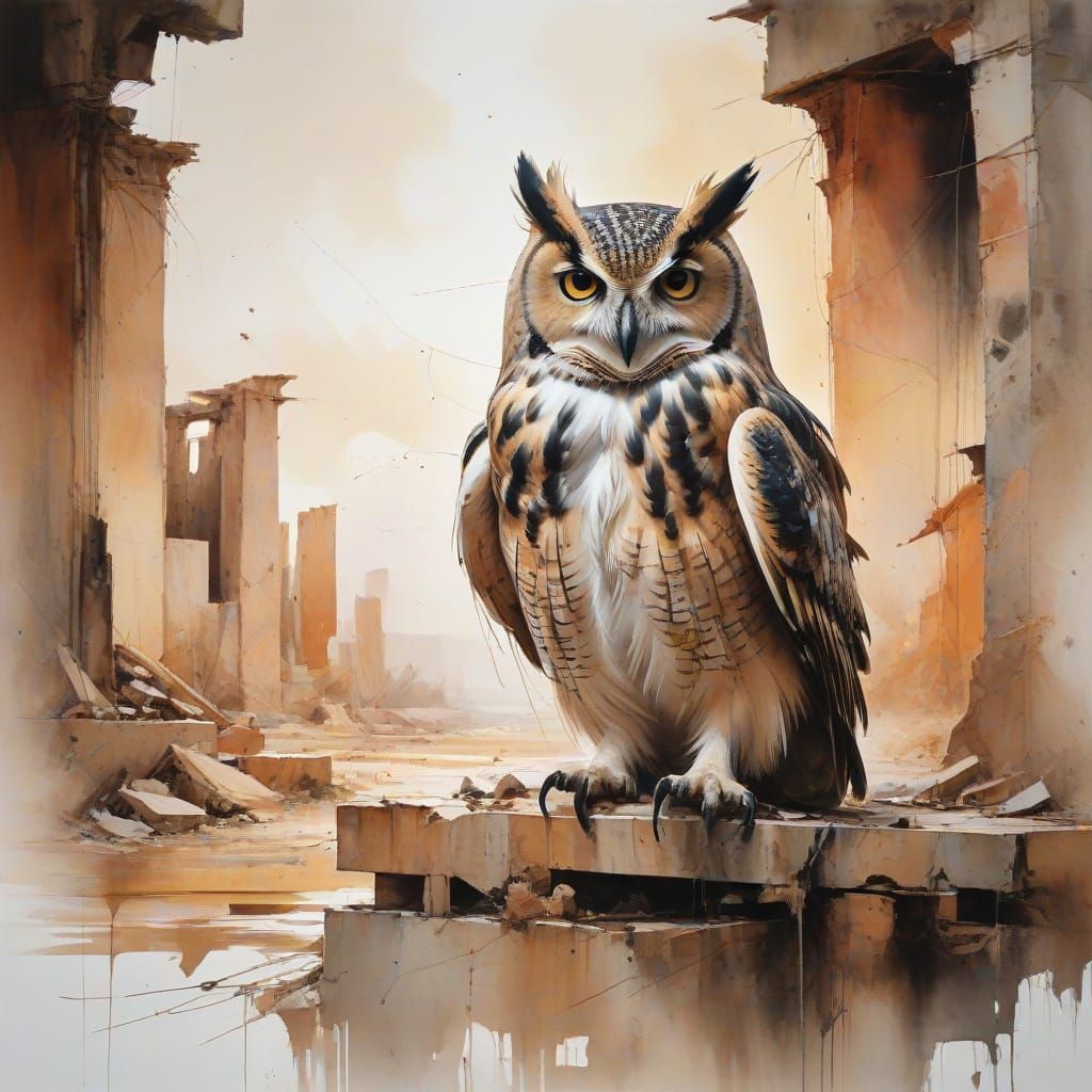 Surreal Owl in Ancient Ruins Mixed Media Art