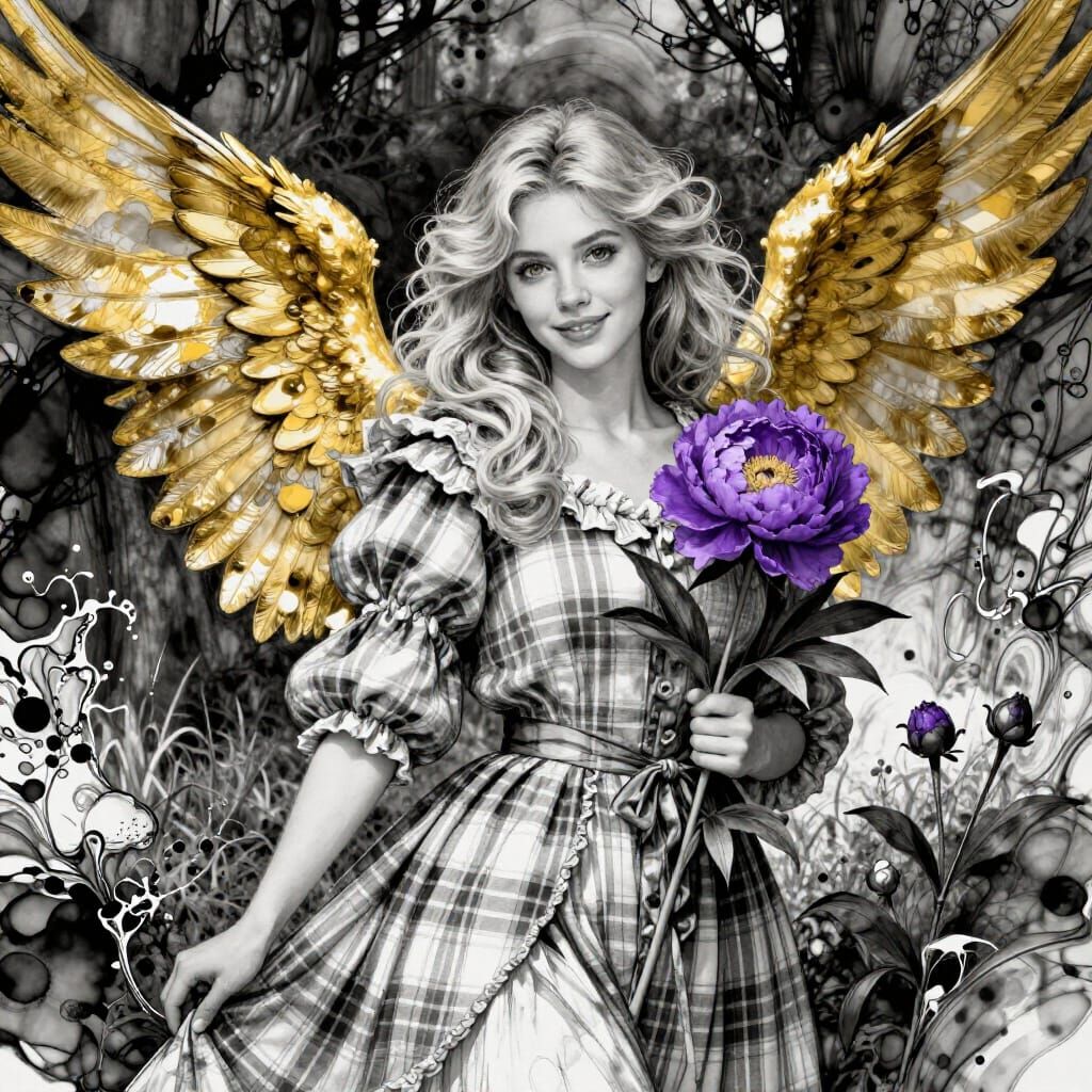 Angel in Plaid Gown with Peony, Alcohol Ink Style