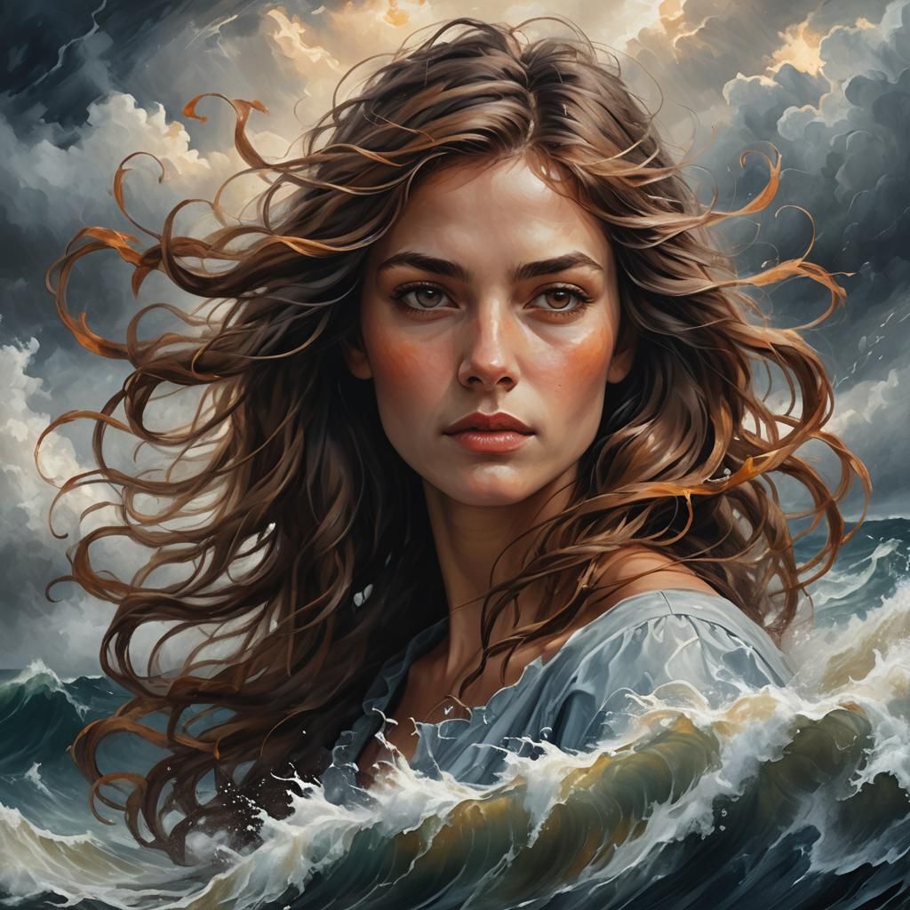 Italian Woman in Waves: Oil Painting Concept Art