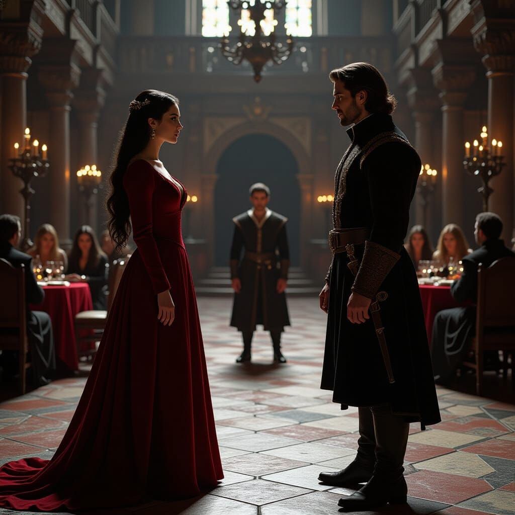 Medieval Castle Scene: Woman in Red Dress Argues