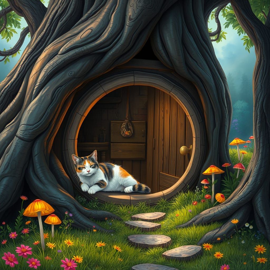 Calico Cat at Hobbit Hole, Whimsical Digital Art