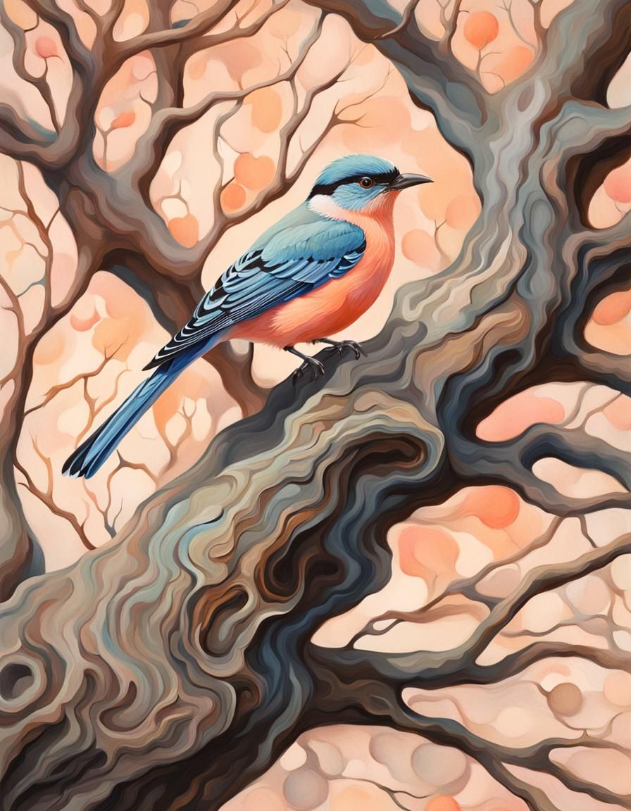 Bird in Gnarled Tree: Modern Gouache Painting