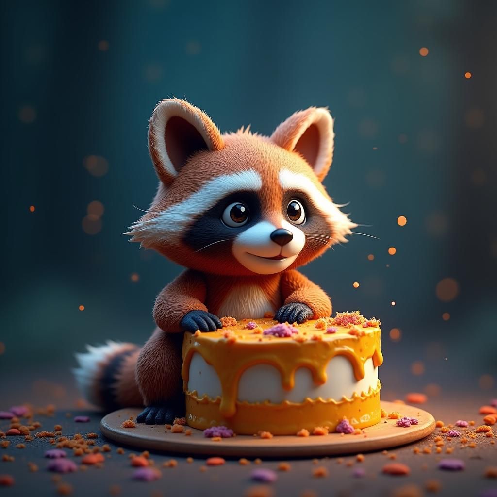 Raccoon Cake in Whimsical Setting, Detailed 8K Render