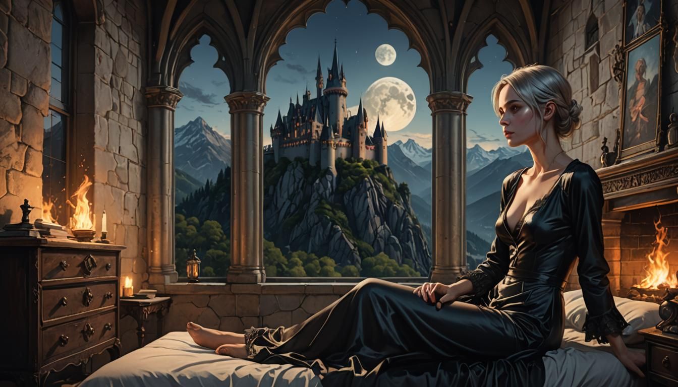 Gothic Castle Bedroom Scene with Woman in Silk