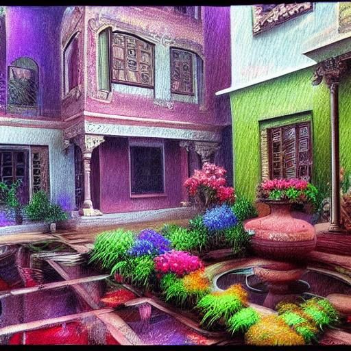 Victorian Garden Courtyard in Rain, Acrylic Painting