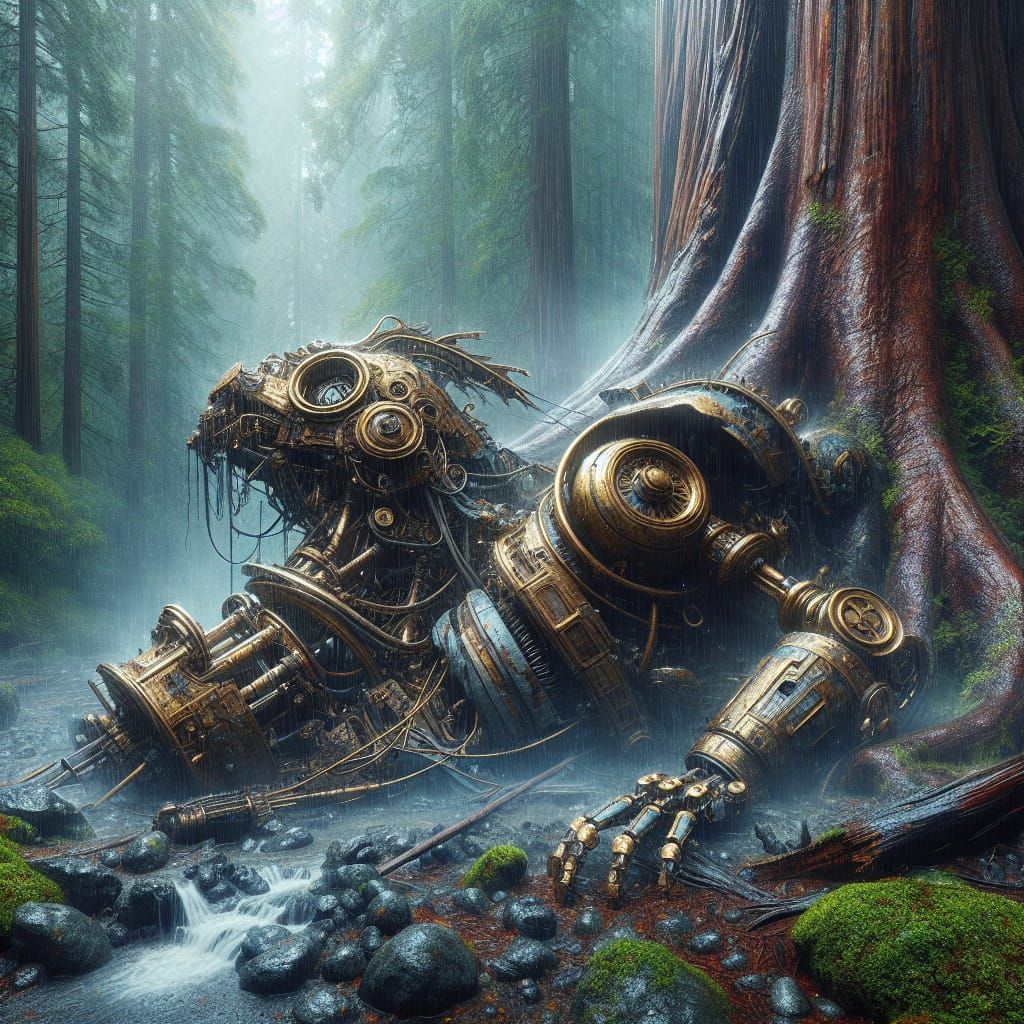 Steampunk Dragon Mecha in Misty Forest