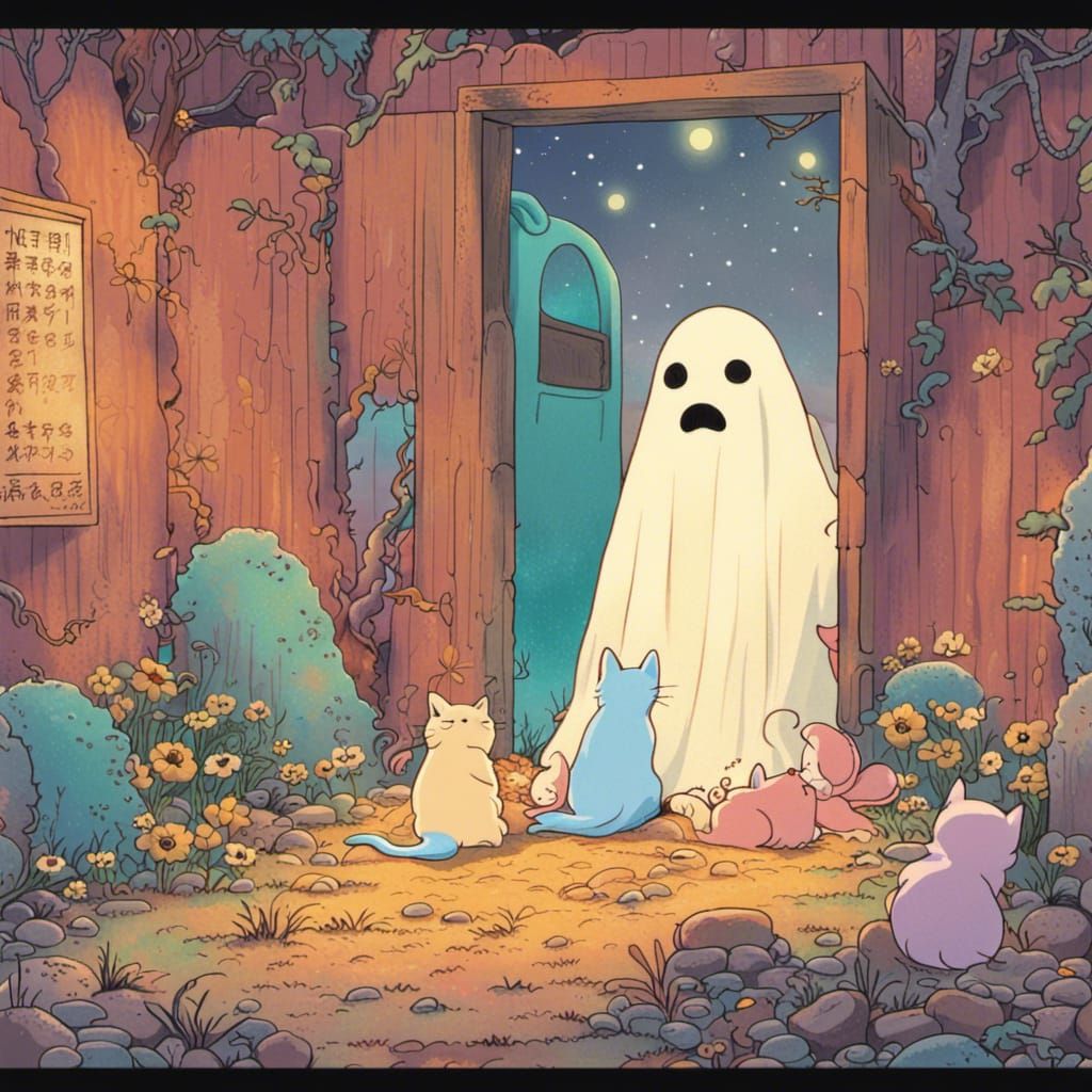 Cute Ghost and Dog Play in Cemetery, Ghibli Style
