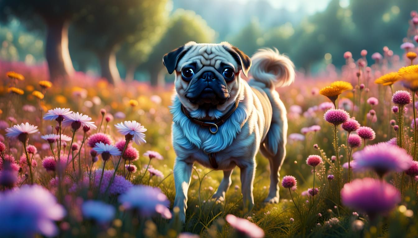 Pug's Floral Meadow Walk: Detailed Matte Painting